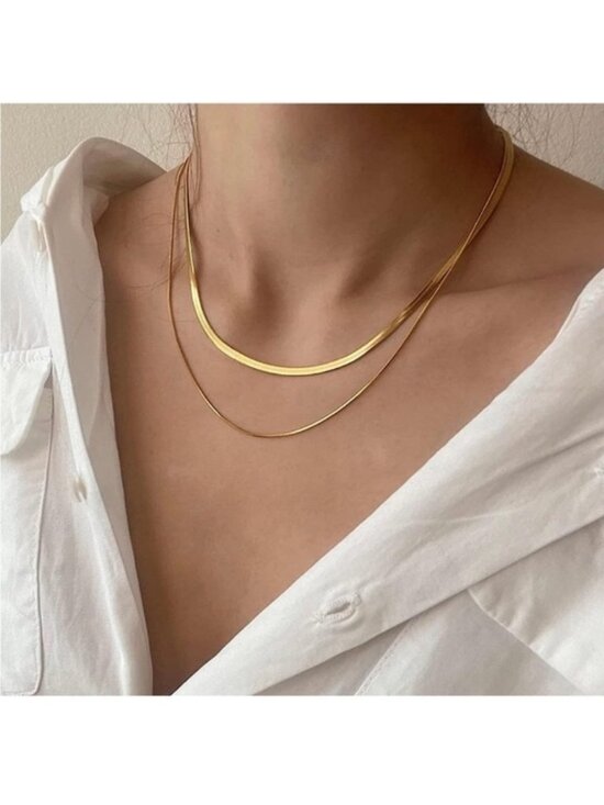 Jewelry - GOLD 14k Gold Plated Two Piece Herringbone Snake Necklace Set